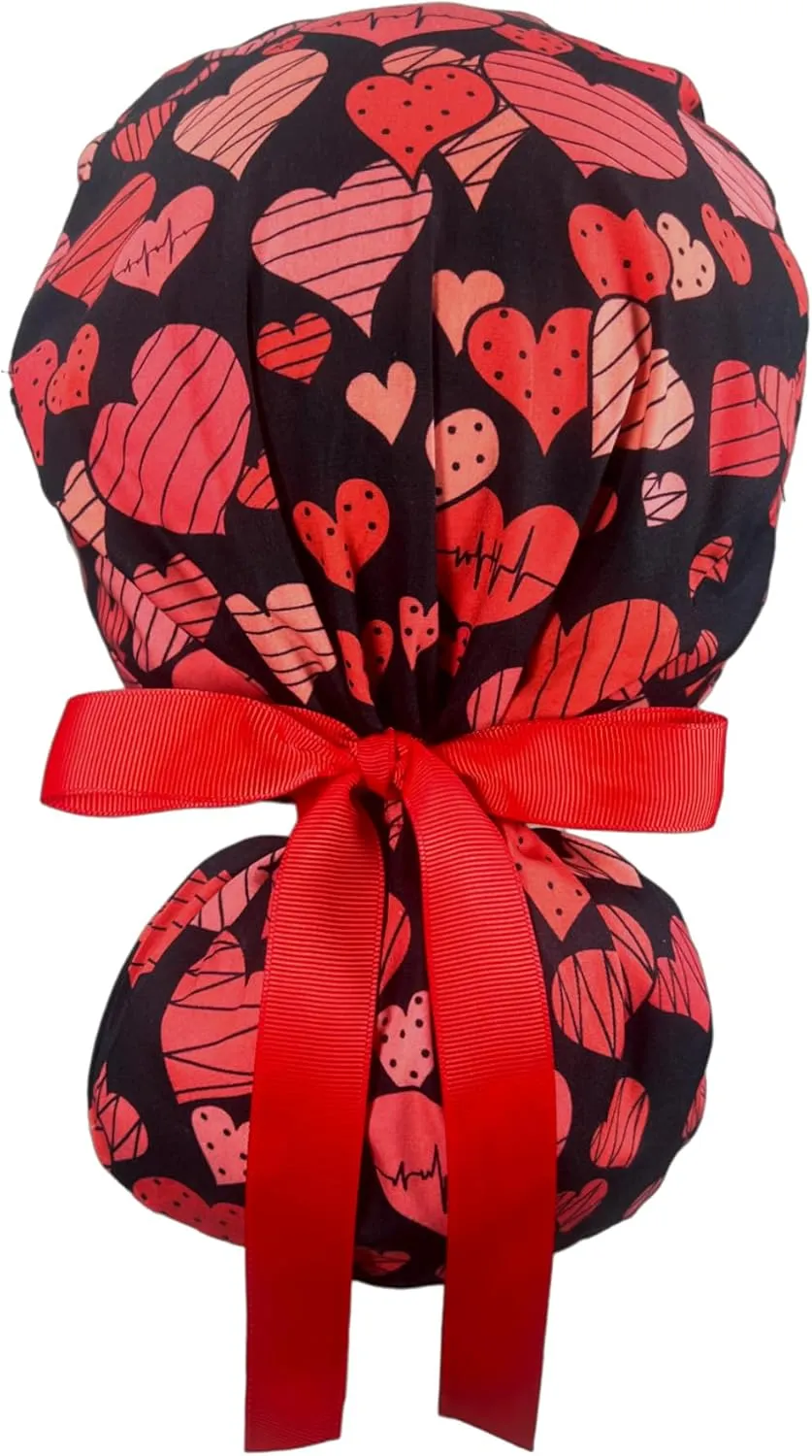 Scrub Cap for Women and Men, Ponytail Scrub Caps, Working Hat, Head Cover with Ribbon Ties and Buttons, Long Hair