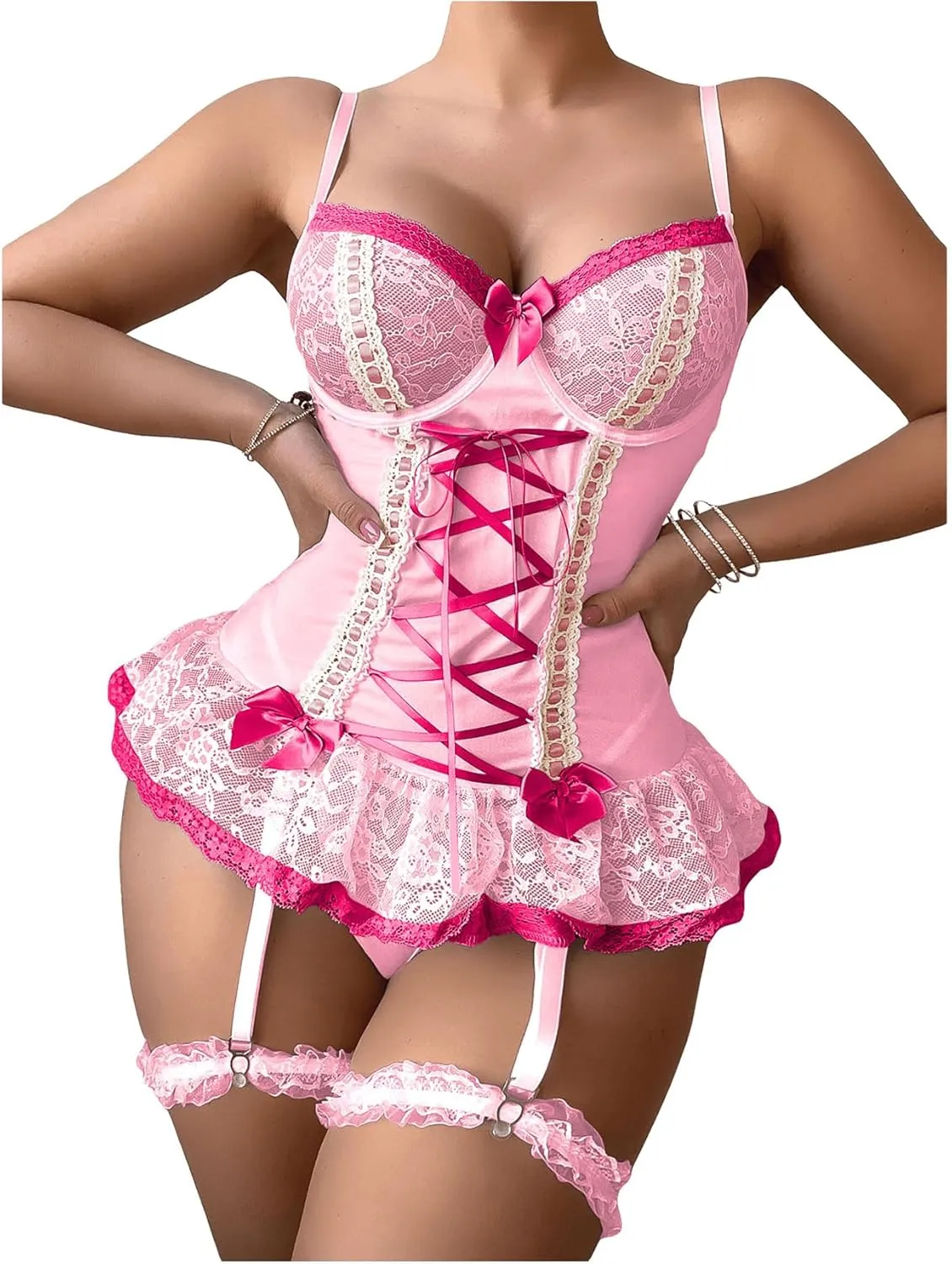 SHENHE Women's Lace Up Bowknot Ruffle Lace Corset Top with Thong Lingerie Garter Set