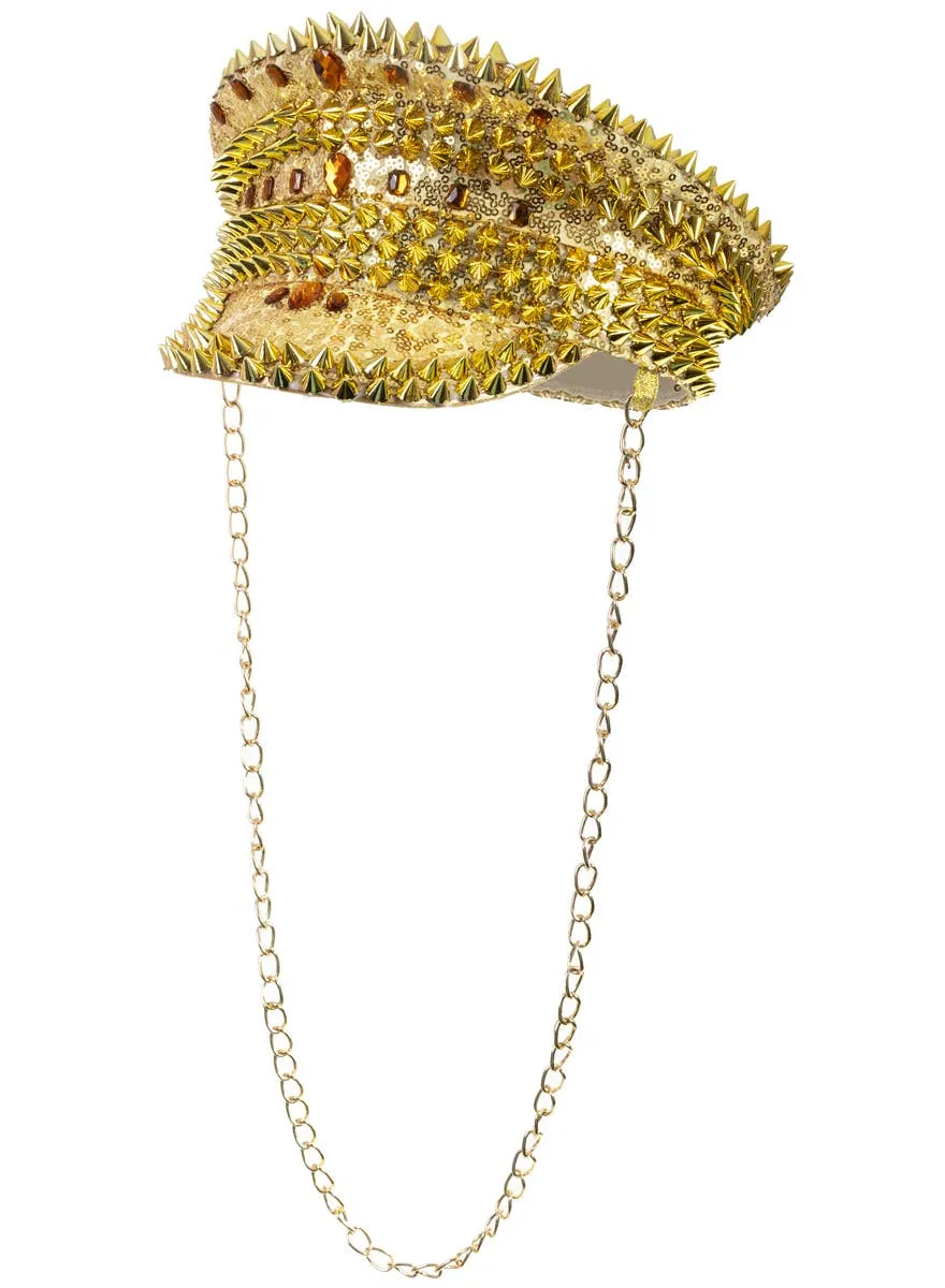Spiked Gold Sequin Festival Hat with Hanging Chain