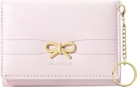 Sunwel Fashion Cute Coquette Bow Wallet with Key-chain Aesthetic Card Holder ID Window for Women Girls (PINK)