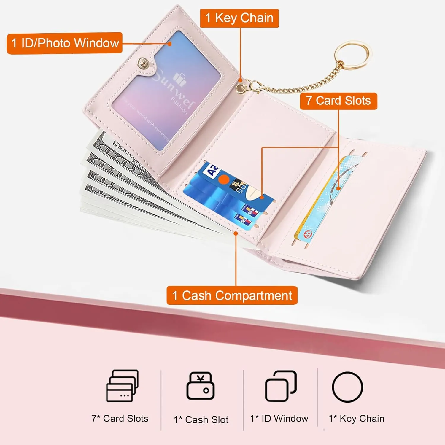 Sunwel Fashion Cute Coquette Bow Wallet with Key-chain Aesthetic Card Holder ID Window for Women Girls (PINK)