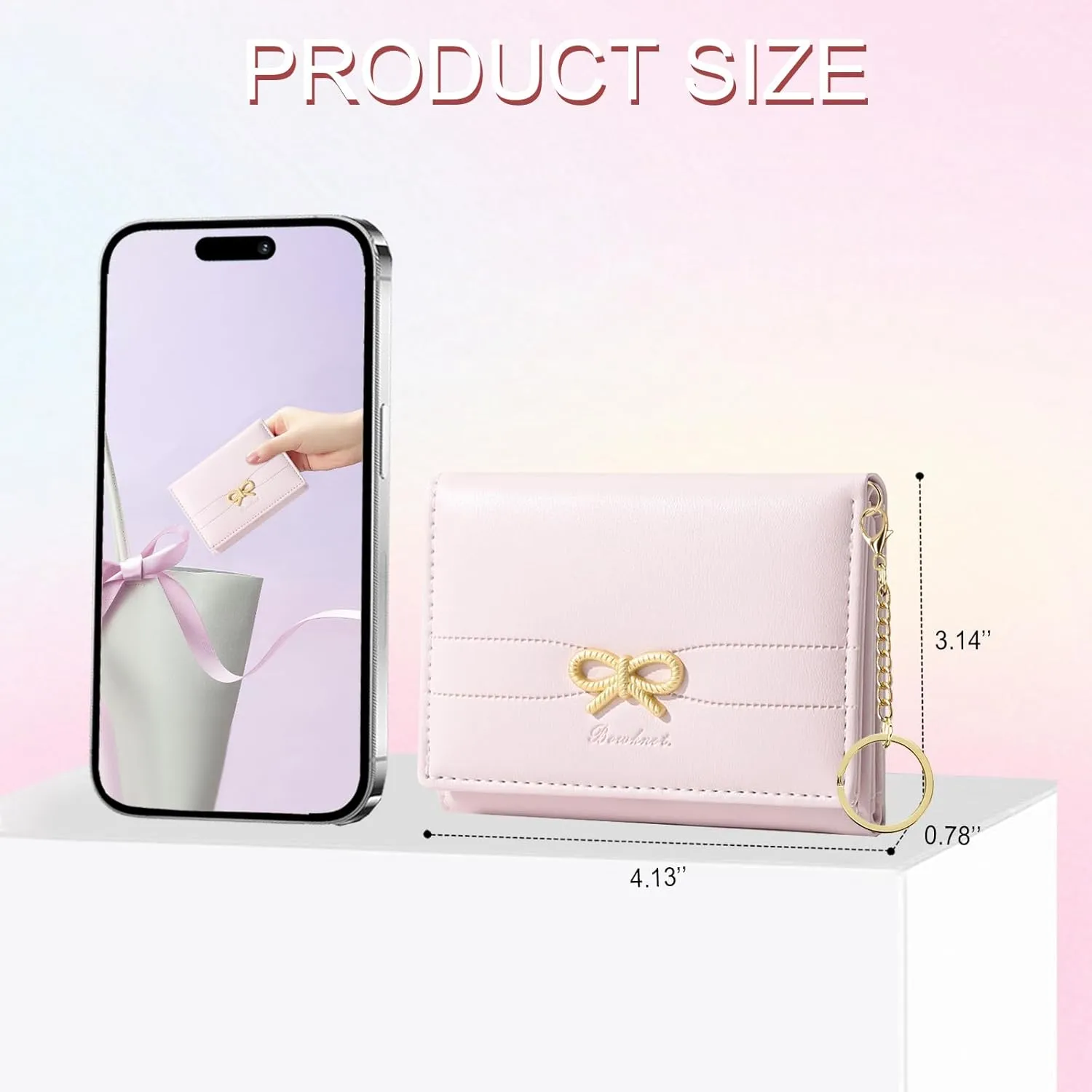 Sunwel Fashion Cute Coquette Bow Wallet with Key-chain Aesthetic Card Holder ID Window for Women Girls (PINK)
