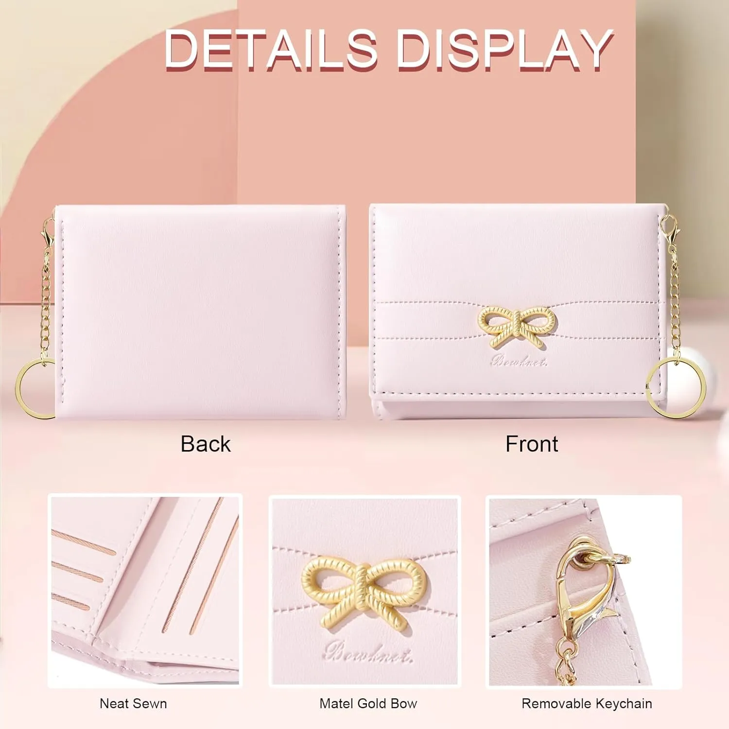 Sunwel Fashion Cute Coquette Bow Wallet with Key-chain Aesthetic Card Holder ID Window for Women Girls (PINK)