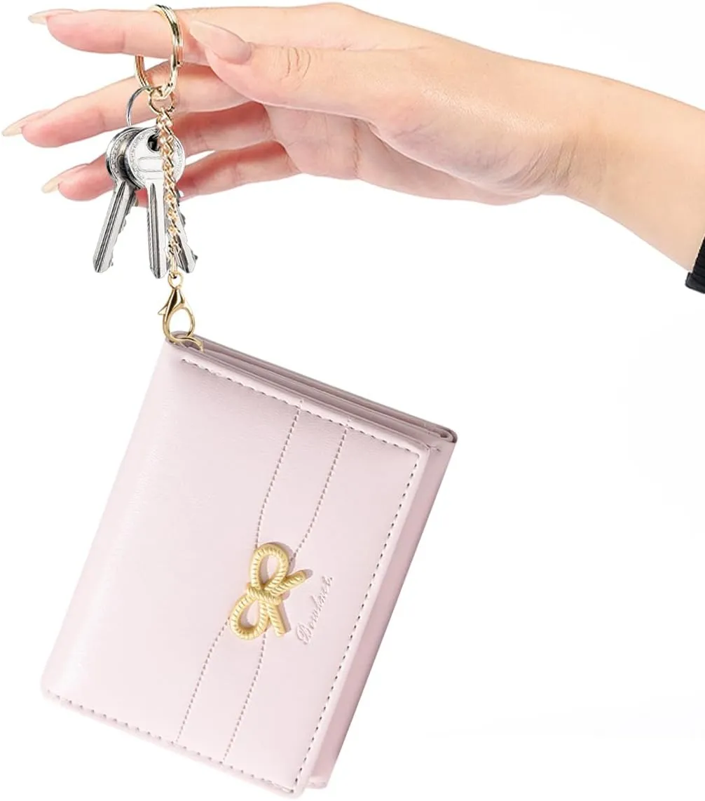 Sunwel Fashion Cute Coquette Bow Wallet with Key-chain Aesthetic Card Holder ID Window for Women Girls (PINK)