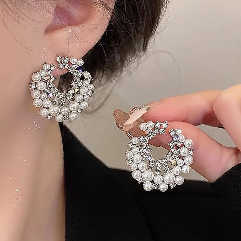 Trendy Pearl Earrings for Women Dainty 14K Gold Cubic Zirconia Pearl Drop Earrings Chunky Statement Earrings Vintage Wedding Banquet Jewelry Presents