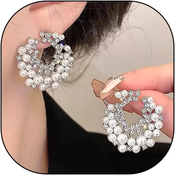 Trendy Pearl Earrings for Women Dainty 14K Gold Cubic Zirconia Pearl Drop Earrings Chunky Statement Earrings Vintage Wedding Banquet Jewelry Presents