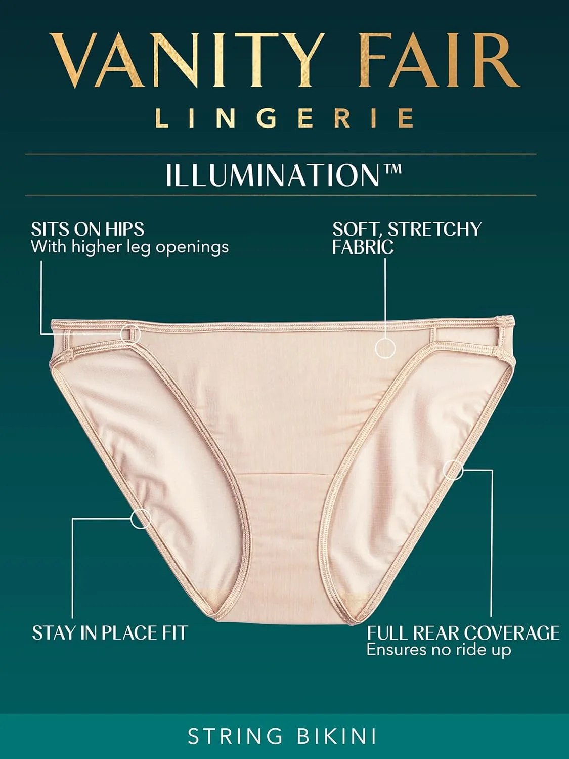 Vanity Fair Women's Illumination String Bikini Panties, Silky Stretch & Satin Trim