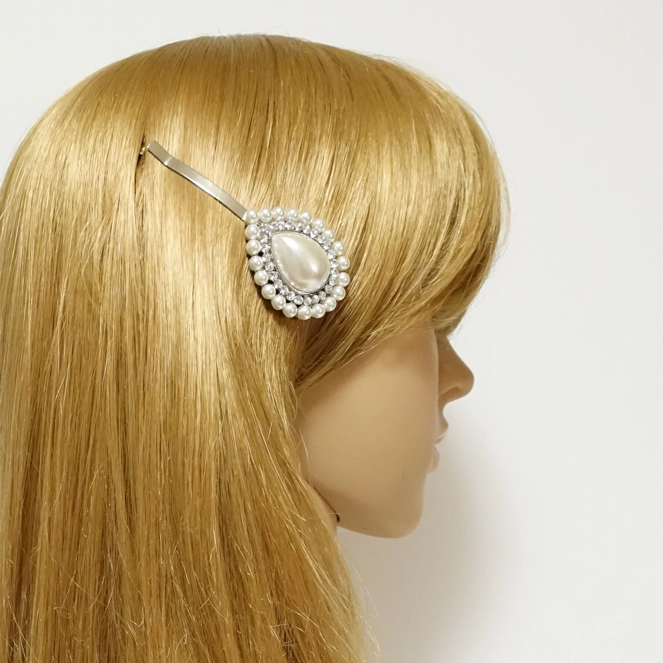 water drop shape pearl rhinestone decorated hair clip for women