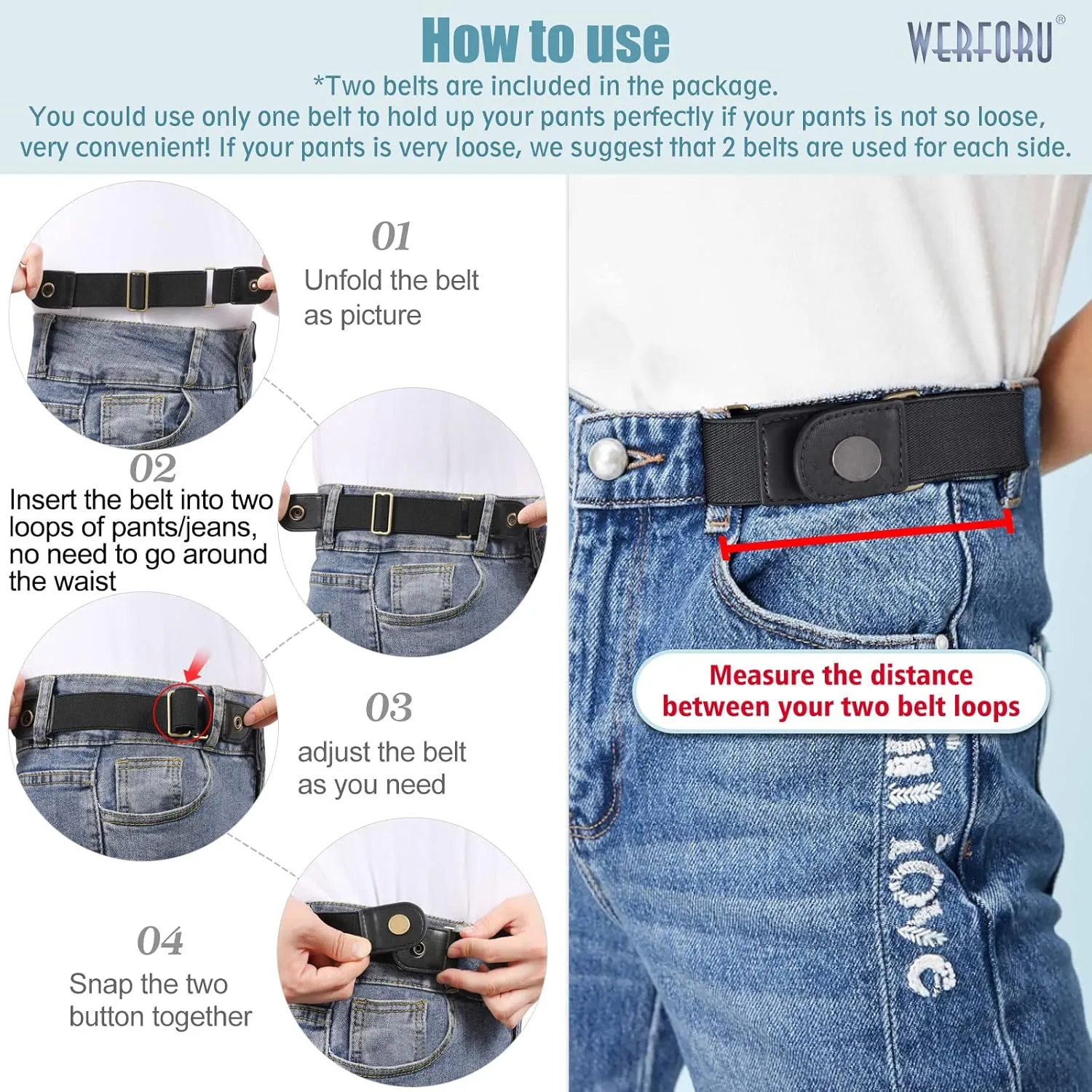 WERFORU Women 2 Loop No Buckle Elastic Belt for Women Men Side belts Buckle Free Stretch Belt for Jeans Pants