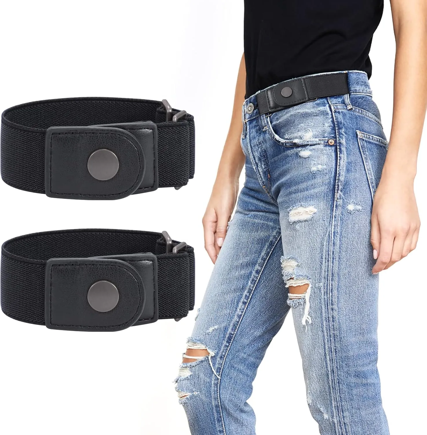 WERFORU Women 2 Loop No Buckle Elastic Belt for Women Men Side belts Buckle Free Stretch Belt for Jeans Pants