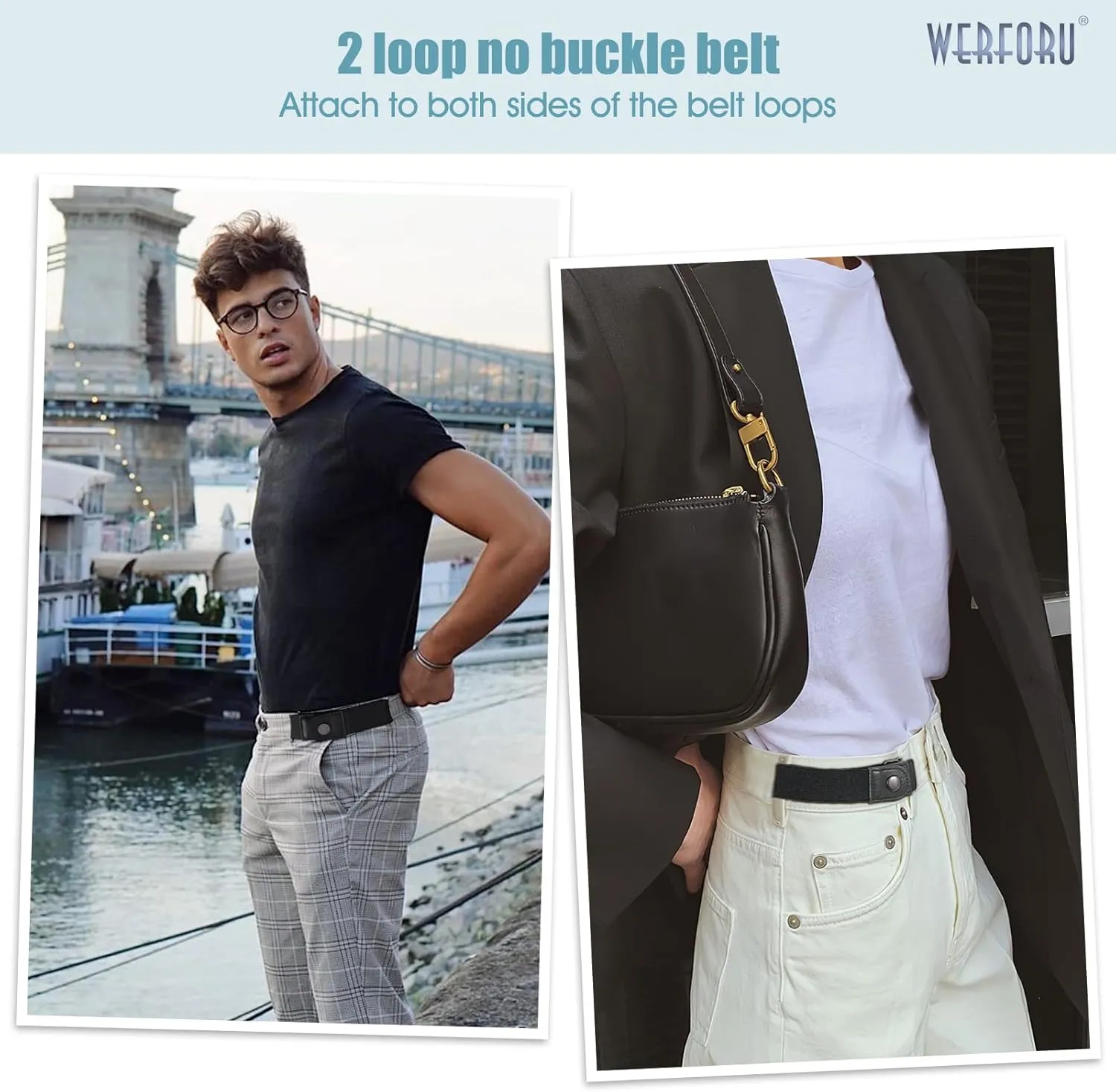 WERFORU Women 2 Loop No Buckle Elastic Belt for Women Men Side belts Buckle Free Stretch Belt for Jeans Pants