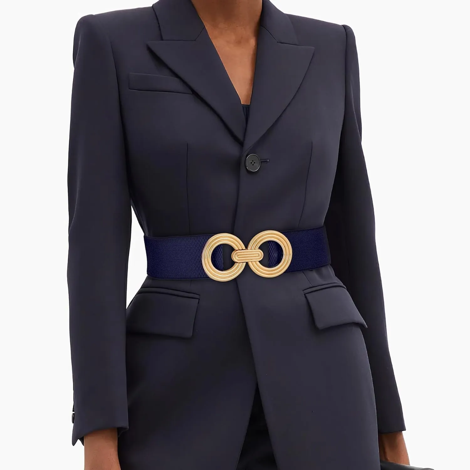 WHIPPY Women Wide Elastic Waist Belt Fashion Hollow Out Round Gold Buckle Stretchy Belt Waistband for Ladies