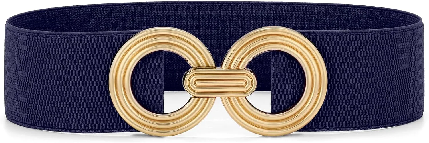 WHIPPY Women Wide Elastic Waist Belt Fashion Hollow Out Round Gold Buckle Stretchy Belt Waistband for Ladies