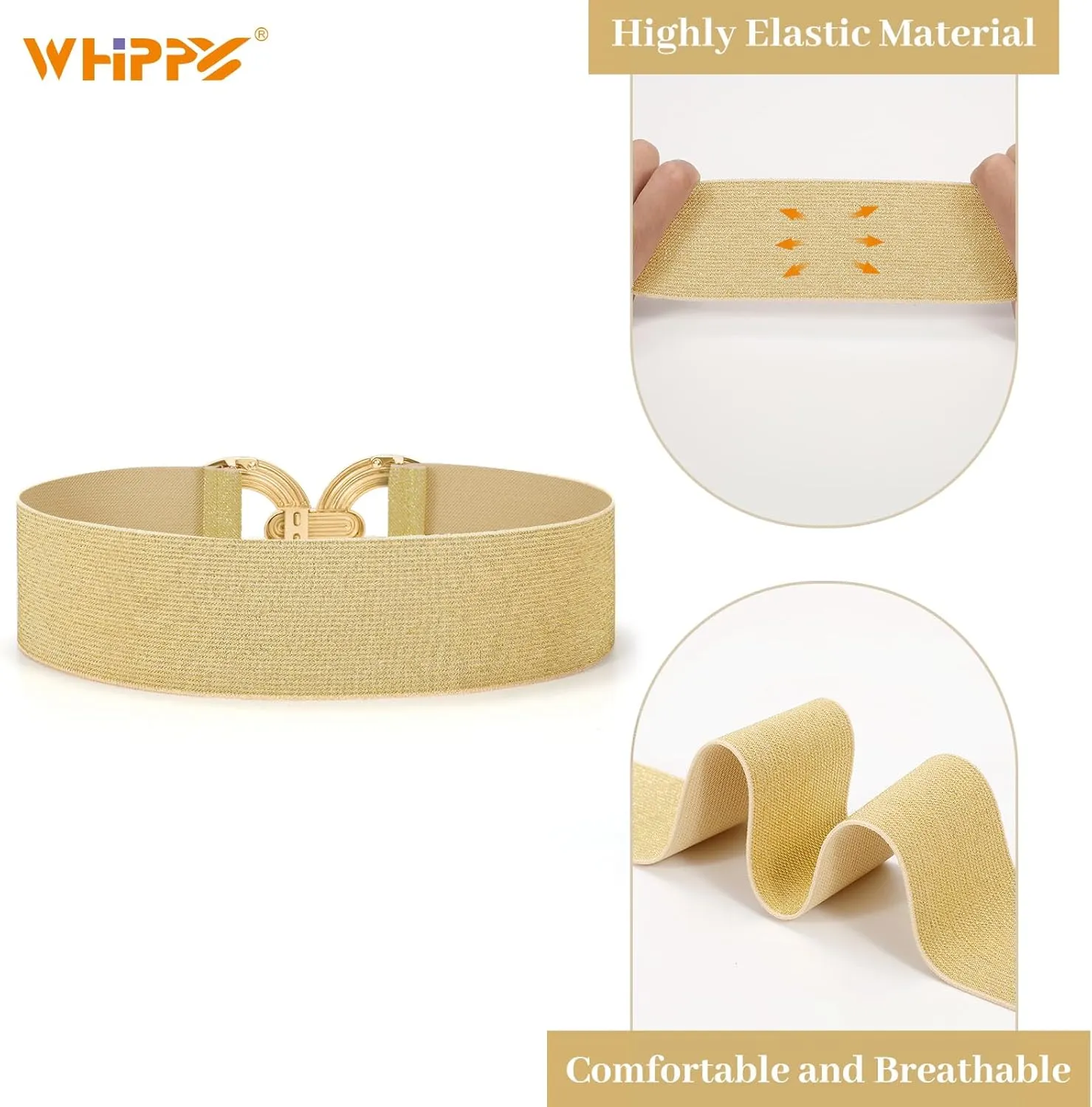 WHIPPY Women Wide Elastic Waist Belt Fashion Hollow Out Round Gold Buckle Stretchy Belt Waistband for Ladies