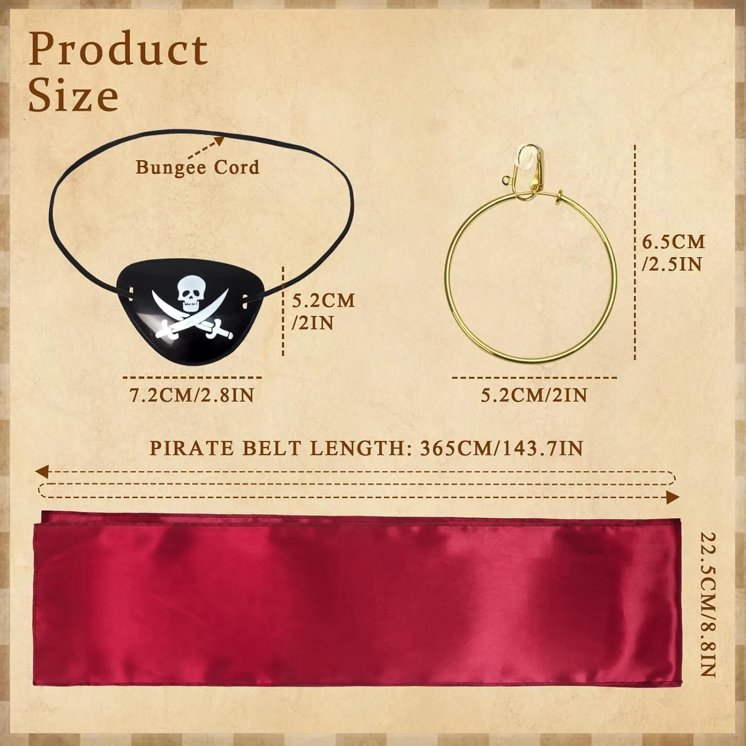 Women Pirate Costume Accessories Set|Headscarf Wrap Hat Sash Belt Cosplay Outfit With Stainless Steel Earring Necklace
