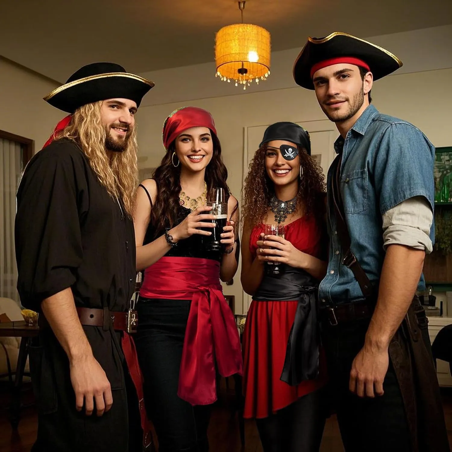 Women Pirate Costume Accessories Set|Headscarf Wrap Hat Sash Belt Cosplay Outfit With Stainless Steel Earring Necklace