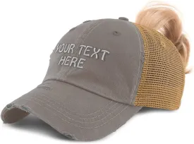 Womens Ponytail Cap Custom Personalized Text & Name Distressed Moms Trucker Hats