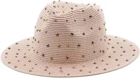Womens Wide Brim Straw Panama Hat Jazz Hat with Fake Rhinestone Large Brim Fedora Summer Beach Travel Sun Hat