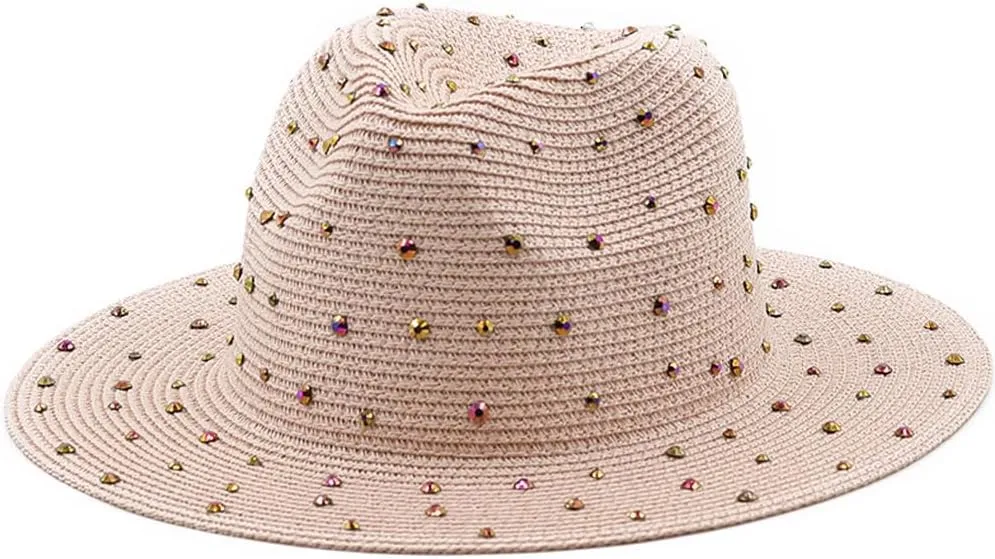 Womens Wide Brim Straw Panama Hat Jazz Hat with Fake Rhinestone Large Brim Fedora Summer Beach Travel Sun Hat